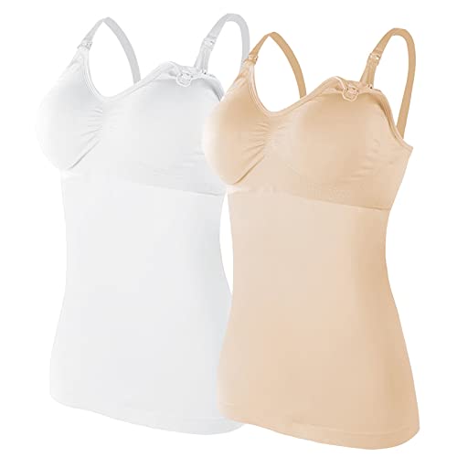 Glücksvogel 2er Damen Stilltops ohne Bügel Tanktop Unterhemd mit Integriertem BH Stillen Schlaf Unterhemd Still-Tanktops für Mutterschaft Unterhemden für Schwangere BH Basic Camisole mit (e-White, S) von Glücksvogel