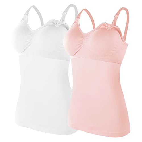 Glücksvogel 2er Damen Stilltops ohne Bügel Tanktop Unterhemd mit Integriertem BH Stillen Schlaf Unterhemd Still-Tanktops für Mutterschaft Unterhemden für Schwangere BH Basic Camisole mit (h-Pink, L) von Glücksvogel