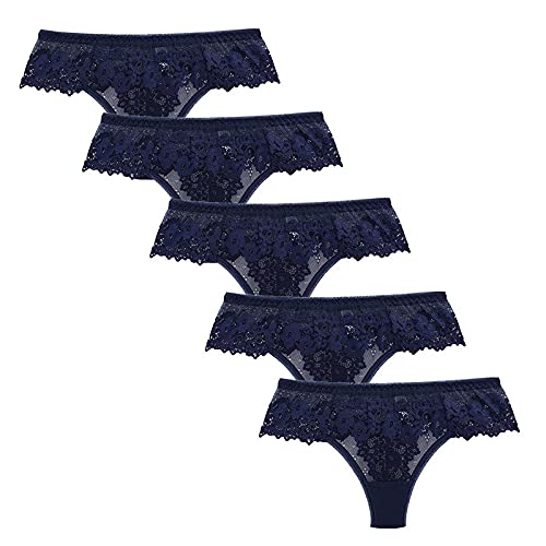 Glücksvogel 5er-Pack Damen Tanga String mit Spitze Baumwolle Hipster Unterwäsche Slip Unterhose Floral Lace Dessous Tangas Wäsche Reizvolle Tanga Schlüpfer Low Rise Tanga (Dunkelblau, XL) von Glücksvogel