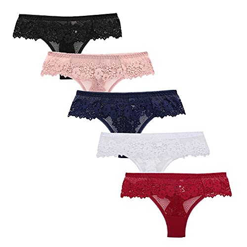 Glücksvogel 5er-Pack Damen Tanga String mit Spitze Baumwolle Hipster Unterwäsche Slip Unterhose Floral Lace Dessous Tangas Wäsche Reizvolle Tanga Schlüpfer Low Rise Tanga (Mehrfarbig, XL) von Glücksvogel