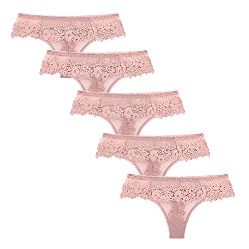 Glücksvogel 5er-Pack Damen Tanga String mit Spitze Baumwolle Hipster Unterwäsche Slip Unterhose Floral Lace Dessous Tangas Wäsche Reizvolle Tanga Schlüpfer Low Rise Tanga (Rosa, S) von Glücksvogel