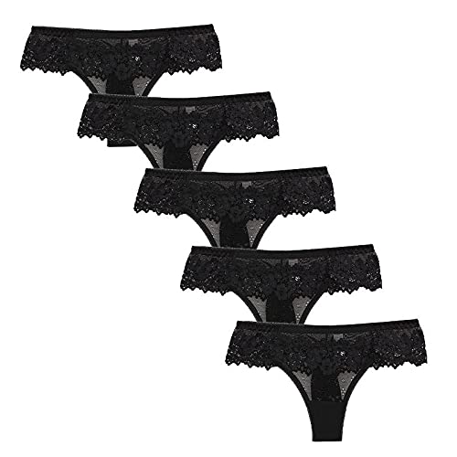 Glücksvogel 5er-Pack Damen Tanga String mit Spitze Baumwolle Hipster Unterwäsche Slip Unterhose Floral Lace Dessous Tangas Wäsche Reizvolle Tanga Schlüpfer Low Rise Tanga (Schwarz, XL) von Glücksvogel