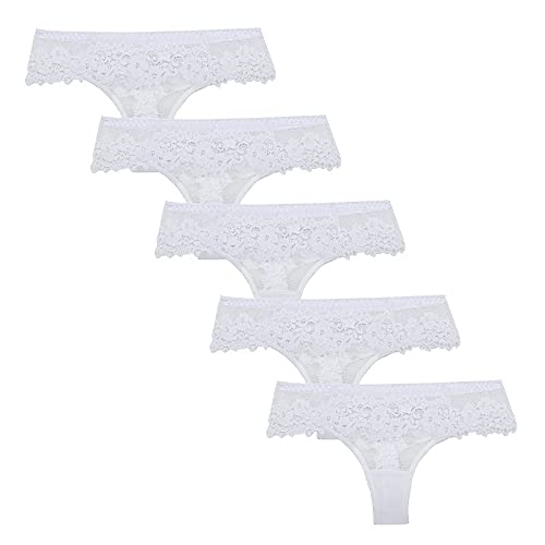 Glücksvogel 5er-Pack Damen Tanga String mit Spitze Baumwolle Hipster Unterwäsche Slip Unterhose Floral Lace Dessous Tangas Wäsche Reizvolle Tanga Schlüpfer Low Rise Tanga (Weiß, S) von Glücksvogel