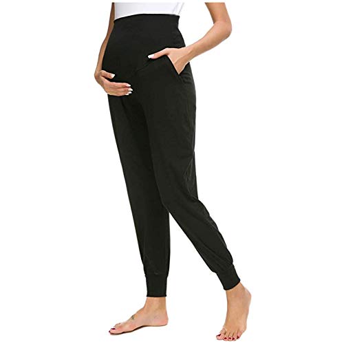 Glücksvogel Damen Casual Schwangerschaftshose Umstandshose Freizeithose für Schwangere, Umstandsleggings Lang Schwangerschaft Hosen Bequeme Stretch Jogginghose Sporthose Umstandsmode Hose (Black, L) von Glücksvogel