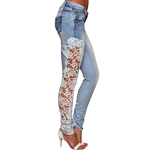 Glücksvogel Damen Jeans Jeanshose Skinny Stretch Aushöhlen Elegant Röhrenjeans Frauen Hose mit Spitze Patchwork High Waist Jeanshose Slim Fit Stretch Boyfriend Jeans Lang Eng Denim Hose von Glücksvogel