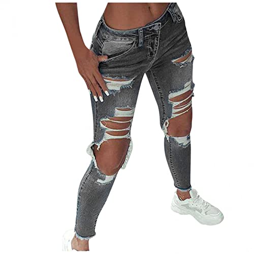 Glücksvogel Damen Jeans mit Löchern, Stretch Skinny Jeans Rissen Löcher Jeans Große Größe Elegant Röhrenjeans Frauen Risse Ripped Lang Denim Hose Destroyed Jeggings Ankle Jeanshosen Destroyed von Glücksvogel