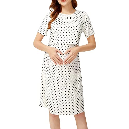 Glücksvogel Damen Stillkleid Kurzarm Umstandskleid Casual Rundhalsausschnitt Schwangerschafts Kleider Festlich Umstandsmode Kleid Elegant Sommer Geburtskleid für Schwangere (White, M) von Glücksvogel