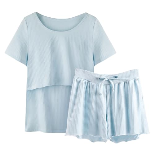 Glücksvogel Damen Stillpyjama Kurz Stillen Schlafanzug Zweiteiliger Umstandspyjama Kurzarm Stilltop + Hose Elastischem Pyjama-Set Stillfunktion Schwangerschaft Nachtwäsche Umstandsmode für (BU1, M) von Glücksvogel