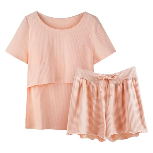 Glücksvogel Damen Stillpyjama Kurz Stillen Schlafanzug Zweiteiliger Umstandspyjama Kurzarm Stilltop + Hose Elastischem Pyjama-Set Stillfunktion Schwangerschaft Nachtwäsche Umstandsmode für (Pink, L) von Glücksvogel
