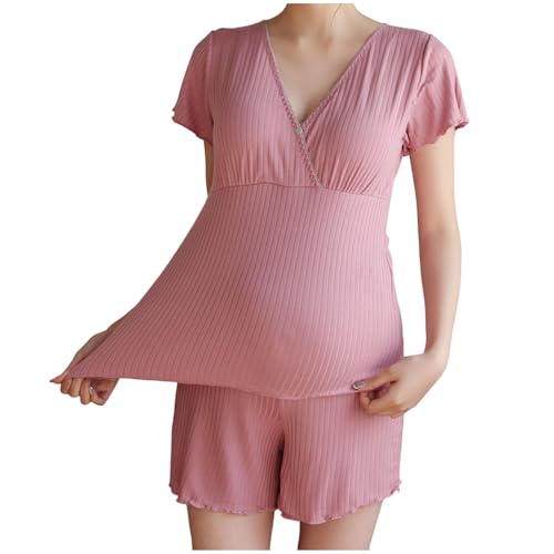 Glücksvogel Damen Umstandsmode Stillpyjama-Set, Kurzarm-Stillshirts, Schwangerschafts-Shorts, 2-teiliges Stillpyjama Stillen Schlafanzug Kurz Umstandspyjama Set Stillfunktion Schwangerschaft (M) von Glücksvogel