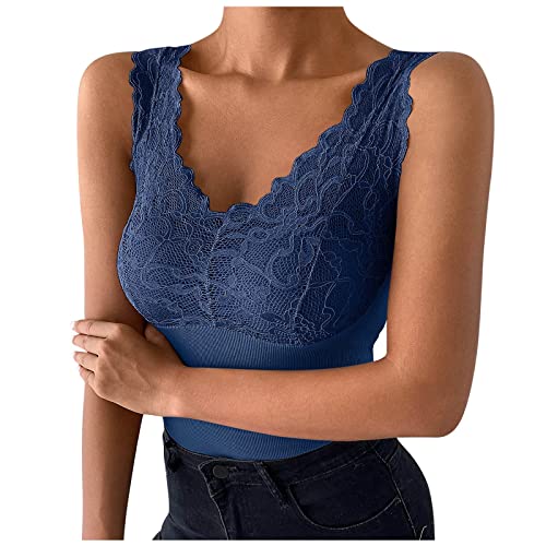 Glücksvogel Damen Unterhemd mit BH Spitzen Tank Top Thermo Verdicken Warme Shirt Bustier Hemd Thermooberteile Bauchweg Bodyforming Ärmellos V Ausschnitt Shirt Warme Unterwäsche (Blau, One Size) von Glücksvogel