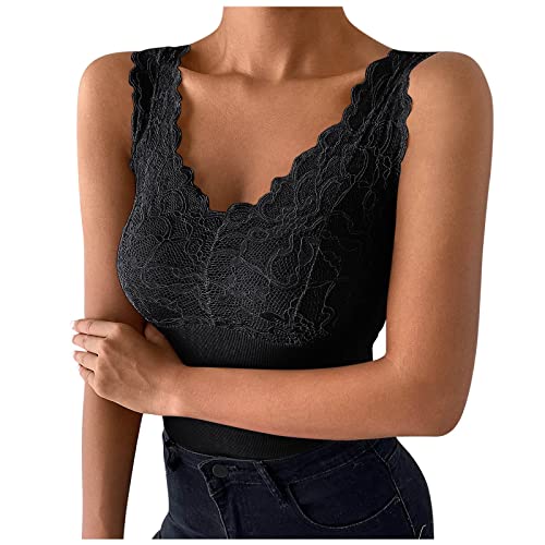 Glücksvogel Damen Unterhemd mit BH Spitzen Tank Top Thermo Verdicken Warme Shirt Bustier Hemd Thermooberteile Bauchweg Bodyforming Ärmellos V Ausschnitt Shirt Warme Unterwäsche (Schwarz, One Size) von Glücksvogel