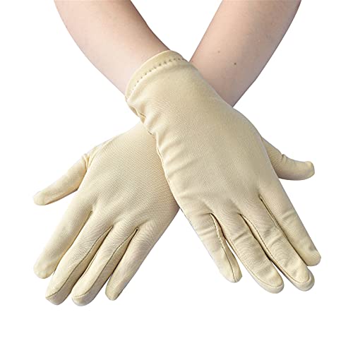 Glücksvogel Handschuhe Damen Kurz Satin Handschuhe 1920s Handschuhe Elastisch Opera Fest Handschuhe Kostüm Handschuhe Erwachsene Größe Ellenbogen bis Handgelenk Länge 22cm (Beige, One Size) von Glücksvogel