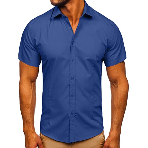 Glücksvogel Herren Hemd Kurzarm Freizeithemd Businesshemd Herren-Hemd Slim-Fit Kurzarm-Hemden Männer Comfort Fit Hemd Bügelfrei Stretch Herrenhemden Sommer Einfarbig Basic Shirt for (Dark Blue, 3XL) von Glücksvogel