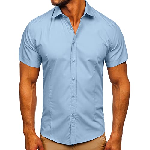 Glücksvogel Herren Hemd Kurzarm Freizeithemd Businesshemd Herren-Hemd Slim-Fit Kurzarm-Hemden Männer Comfort Fit Hemd Bügelfrei Stretch Herrenhemden Sommer Einfarbig Basic Shirt for (Light Blue, L) von Glücksvogel