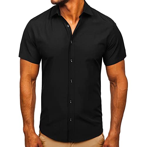 Glücksvogel Herren Hemd Kurzarm Freizeithemd Businesshemd Herren-Hemd Slim-Fit Kurzarm-Hemden Männer Comfort Fit Hemd Bügelfrei Stretch Herrenhemden Sommer Einfarbig Basic Shirt for Männer (Black, L) von Glücksvogel