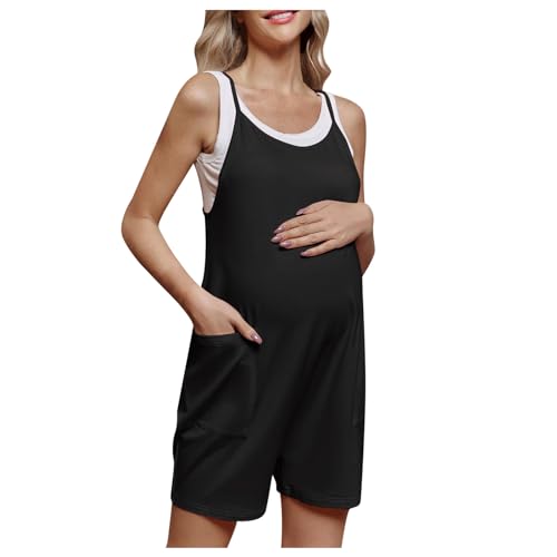 Glücksvogel Jumpsuit Umstands Damen Sommer Locker Nursing Overall Ärmelloser Spaghettiträger Mutterschaft Playsuit Baggy Latzhosen Hohe Taille Stillstrampler Strand Boho Schwangere Romper (Black, L) von Glücksvogel