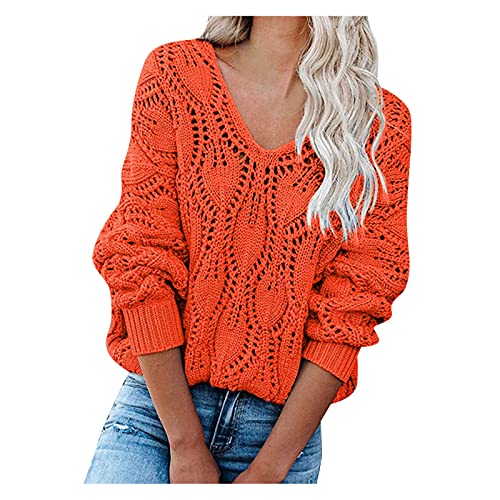 Glücksvogel Pullover Damen Grobstrick Strickpullover Sexy V Ausschnitt Einfarbig Sweater Lockere Sweatshirt Pulli Oversize Causal Langarmshirt Tunika Lockere Oberteile Tops (Orange, M) von Glücksvogel