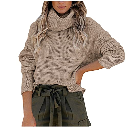 Glücksvogel Pullover Rollkragen Damen Strickpullover Rückenfrei Winter Elegant Rollkragenpullover Strickpullover Grobstrickpullover Langarm Einfarbig Lose Pulli Gestrickt Oberteile (Khaki, M) von Glücksvogel