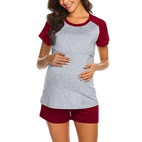 Glücksvogel Stillpyjama Set Damen Kurzarm Umstands Pyjama Zweiteiliger Still Schlafanzug Kurz Sommer Nachtwäsche Stillzeit Sleepshirt mit U Ausschnitt Casual Huasanzug für Schwangerschaft (Red, XL) von Glücksvogel