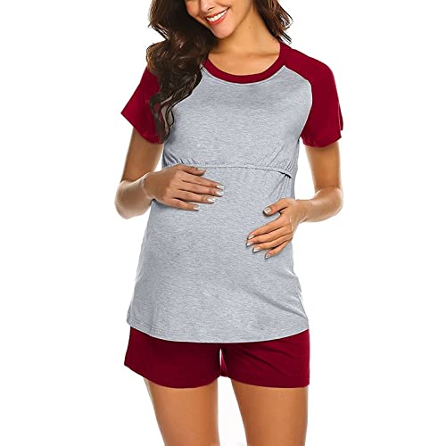 Glücksvogel Stillpyjama Set Damen Kurzarm Umstands Pyjama Zweiteiliger Still Schlafanzug Kurz Sommer Nachtwäsche Stillzeit Sleepshirt mit U Ausschnitt Casual Huasanzug für Schwangerschaft (Red, L) von Glücksvogel