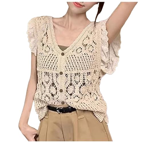 Häkel Strickjacke Damen Crochet Cardigan Boho leichte Rüschen Kurzarm V-Ausschnitt Bolerojacke lässige Knöpfe Strickjacken Elegant Blumen Strick Bolero Vorne Offnen Sommerjacke Strand Strick Cover Up von Glücksvogel