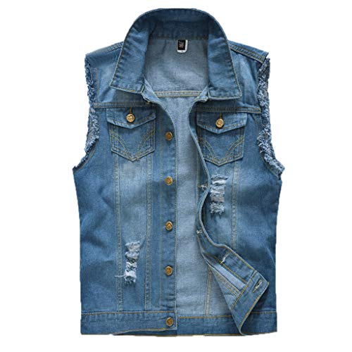 Herren Denim Westen Zerrissen Casual Ärmellos Bikerweste Fashion Jeansweste Zerreißendes Deko Fashion Casual Jeansweste Drucken Mode Freizeit Jeansmantel Vintage Ärmellos Oberbekleidung (f-Blue, XXL) von Glücksvogel