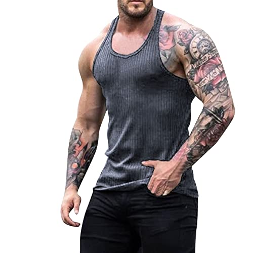 Herren Workout Stringer Tanktops Muscle Shirt Regular Fit Funktion Ärmellose Oberteil mit Rundhals für Workout Gym Fitness Trägershirt Männer Muskelshirt Training Achselshirt Sport (Grey, M) von Glücksvogel