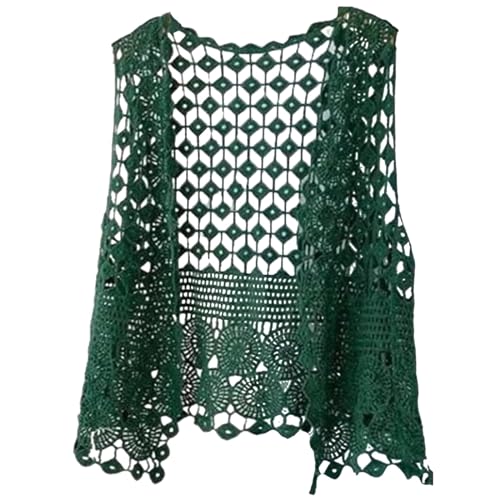 Hippie Häkeln Weste Damen Vorne Offen Kurze Ärmellos Bolero Boho Spitze SommerTops Crochet Strand Cardigan Häkelweste Hohl Blumen lockere Strickweste Strickjacke Leichte Beachwear (Green, One Size) von Glücksvogel