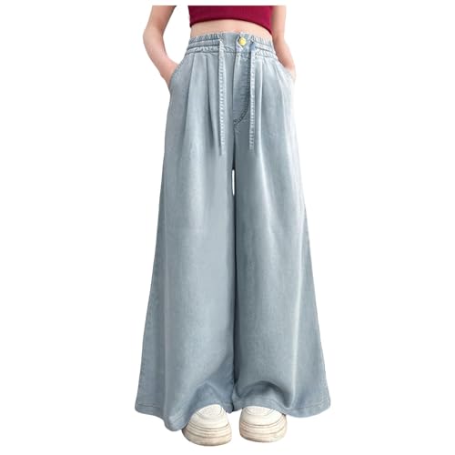 Hosen Mädchen Weite Bein Leichte Sommerhose Dünne Hose Baggy Einfarbig Bequeme Sporthose Mädchen Jogginghose Teenager Elastischem Taille Freizeithose Luftige Hip Hop Tanz Hose (Blue, 10-11 Years) von Glücksvogel