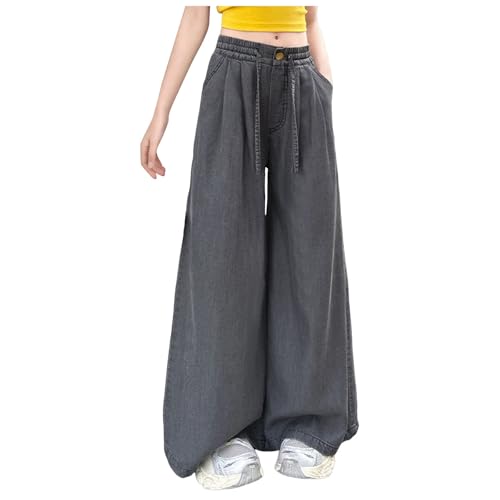 Hosen Mädchen Weite Bein Leichte Sommerhose Dünne Hose Baggy Einfarbig Bequeme Sporthose Mädchen Jogginghose Teenager Elastischem Taille Freizeithose Luftige Hip Hop Tanz Hose (Dark Gray, 13-15 Years) von Glücksvogel