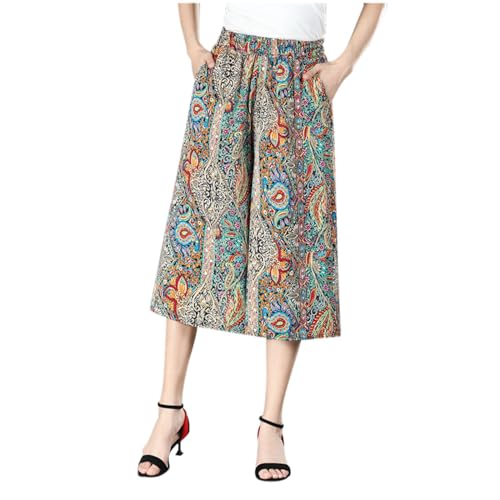 Hosenrock Damen Chiffon Palazzo Weite Strandhose 3/4 Capri Palazzo Boho Sommerhose Elegant Lose Plissee Weites Bein Freizeithose Elastische Taille Hose Blumen Locker Lässige Freizeithose (Khaki, L) von Glücksvogel