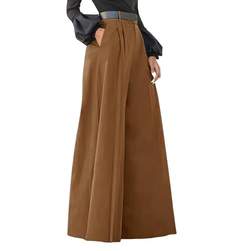 Hosenrock Damen Elegant Wide Leg Palazzo Hosen Lang Stretch Weite Bein Stoffhose Hohe Elastische Taille Casual Flowy Business Hosen Sommerhose Weichem Freizeithosen Leicht Festlich Hose (Coffee-3, XL) von Glücksvogel