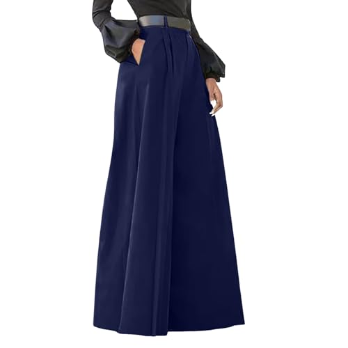 Hosenrock Damen Elegant Wide Leg Palazzo Hosen Lang Stretch Weite Bein Stoffhose Hohe Elastische Taille Casual Flowy Business Hosen Sommerhose Weichem Freizeithosen Leicht Festlich Hose (Navy-3, XXL) von Glücksvogel