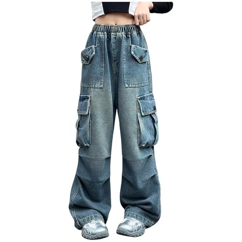 Jeans Mädchen Baggy Y2k Jeanshose Stretch hohe Taille Cargo Jeanshose Gerade Breites Bein Denim Hosen Teenager Mädchen Kinder Ripped Wide Leg Pants Gerade Freizeithose Locker Cargo Hosen Streetwear von Glücksvogel