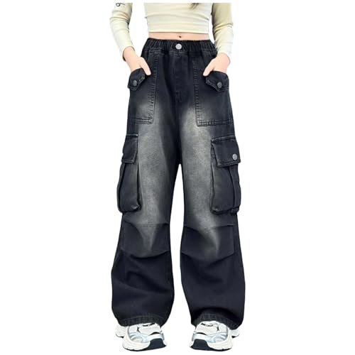 Jeans Mädchen Baggy Y2k Jeanshose Stretch hohe Taille Cargo Jeanshose Gerade Breites Bein Denim Hosen Teenager Mädchen Kinder Ripped Wide Leg Pants Gerade Freizeithose Locker Cargo Hosen Streetwear von Glücksvogel