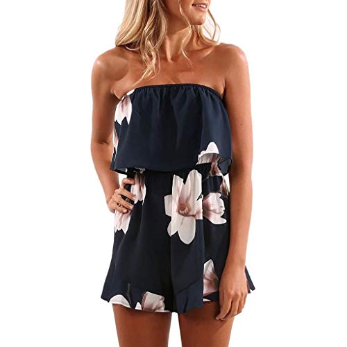 Jumpsuit Damen Elegant Blumen Sommer Ärmellos Jumpsuit Overall Bandeau Schulterfrei Einteiler Romper Locker Lässig Kurz Hosenanzug Sexy Trägerloser Boho Playsuit Casual Party Hochzeit (Navy, L) von Glücksvogel