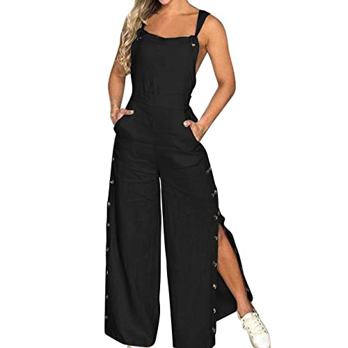 Jumpsuit Damen Sommer Ärmellos Jumpsuit Overall V-Ausschnitt Weites Bein Lang Playsuit Romper Festlich mit Taschen Frauen Hosenanzug Elegant Boho Casual Party Hochzeit Jumpsuit Frauen (Black, XXL) von Glücksvogel