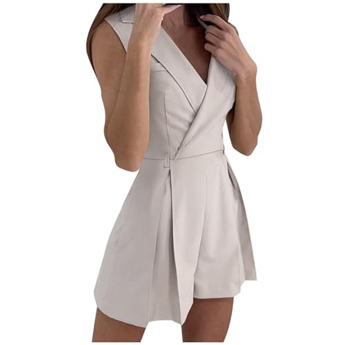 Jumpsuit Overall Damen Frauen Elegant Kurz Weites Bein Overall Jumpsuits Sommer Kurz Hosenanzug Romper Einteiler Ärmellos Playsuit Romper Elegant V Ausschnitt Strand Casual Locker Lässig (Beige, M) von Glücksvogel