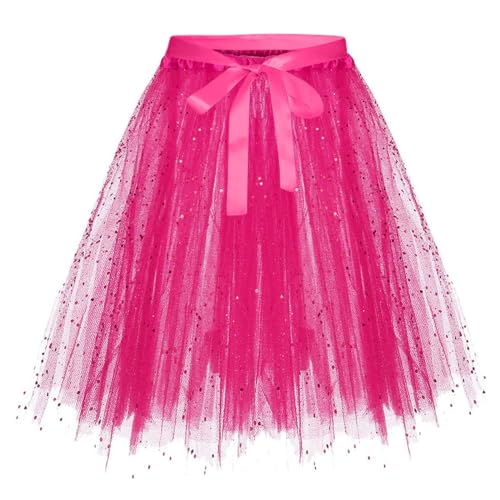 Karneval Tüllrock Damen Erwachsene Glitzernder Tütü Röcke Puffy 80er Tüll Unterrock Minirock Petticoat Tanzkleid Adult Teen Dehnbaren Tutu Rock Erwachsene Ballettrock Tüllrock für (YAB-Hot Pink, S) von Glücksvogel