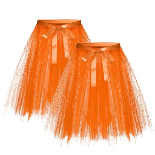 Karneval Tüllrock Damen Erwachsene Glitzernder Tütü Röcke Puffy 80er Tüll Unterrock Minirock Petticoat Tanzkleid Adult Teen Dehnbaren Tutu Rock Erwachsene Ballettrock Tüllrock für (YAC-Orange, M) von Glücksvogel