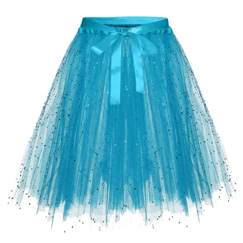 Karneval Tüllrock Damen Erwachsene Glitzernder Tütü Röcke Puffy 80er Tüll Unterrock Minirock Petticoat Tanzkleid Adult Teen Dehnbaren Tutu Rock Erwachsene Ballettrock Tüllrock für Party (Blue, L) von Glücksvogel