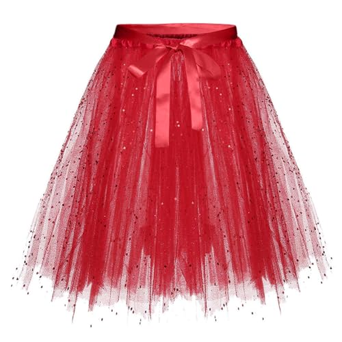 Karneval Tüllrock Damen Erwachsene Glitzernder Tütü Röcke Puffy 80er Tüll Unterrock Minirock Petticoat Tanzkleid Adult Teen Dehnbaren Tutu Rock Erwachsene Ballettrock Tüllrock für Party (Red, M) von Glücksvogel