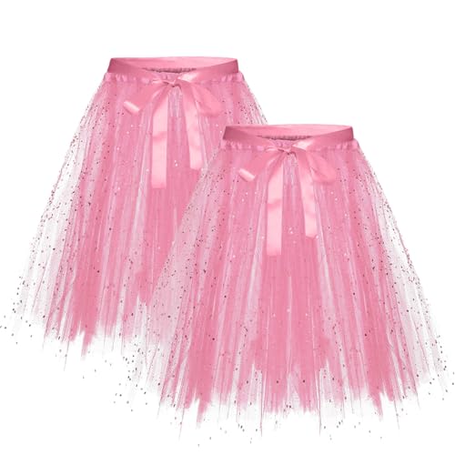 Karneval Tüllrock Damen Erwachsene Glitzernder Tütü Röcke Puffy 80er Tüll Unterrock Minirock Petticoat Tanzkleid Adult Teen Dehnbaren Tutu Rock Erwachsene Ballettrock Tüllrock für Party (YAC-Pink, M) von Glücksvogel