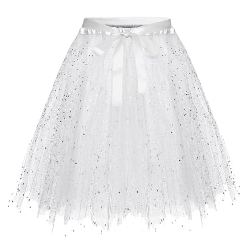 Karneval Tüllrock Damen Erwachsene Glitzernder Tütü Röcke Puffy 80er Tüll Unterrock Minirock Petticoat Tanzkleid Adult Teen Dehnbaren Tutu Rock Erwachsene Ballettrock Tüllrock für Party (White, M) von Glücksvogel