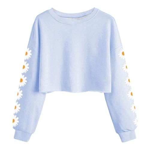 Kind Mädchen Sweatshirt Bauchfrei Crop Top Drucken Pullover Langarm Rundhals T-Shirt Warm Pulli Cropped Sweatshirt Oversized Teenager Casual Bequem Sport Oberteile (Sky Blue, 12-13 Years) von Glücksvogel