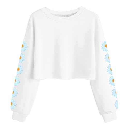 Kind Mädchen Sweatshirt Bauchfrei Crop Top Drucken Pullover Langarm Rundhals T-Shirt Warm Pulli Cropped Sweatshirt Oversized Teenager Casual Bequem Sport Oberteile Sportbekleidung (White, 12-13 Years) von Glücksvogel
