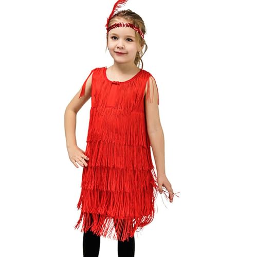 Kinder Kleider the 20er Jahre Fancy Fransenkleid Quaste Tanzkleid Kostüm Mädchen Flapper Kleid mit Perlenkette Feder Stirnband, Paillettenkleid Karneval Kleid Zubehör Flapper Kleid für Mädchen von Glücksvogel