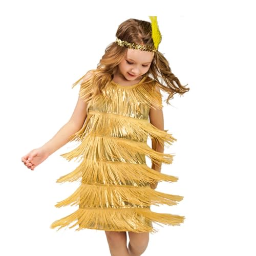 Kinder Kleider the 20er Jahre Fancy Fransenkleid Quaste Tanzkleid Kostüm Mädchen Flapper Kleid mit Perlenkette Feder Stirnband, Paillettenkleid Karneval Kleid Zubehör Flapper Kleid für Mädchen von Glücksvogel