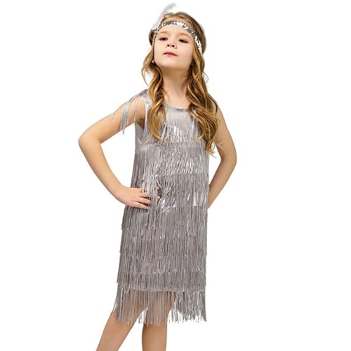 Kinder Kleider the 20er Jahre Fancy Fransenkleid Quaste Tanzkleid Kostüm Mädchen Flapper Kleid mit Perlenkette Feder Stirnband, Paillettenkleid Karneval Kleid Zubehör Flapper Kleid für Mädchen von Glücksvogel